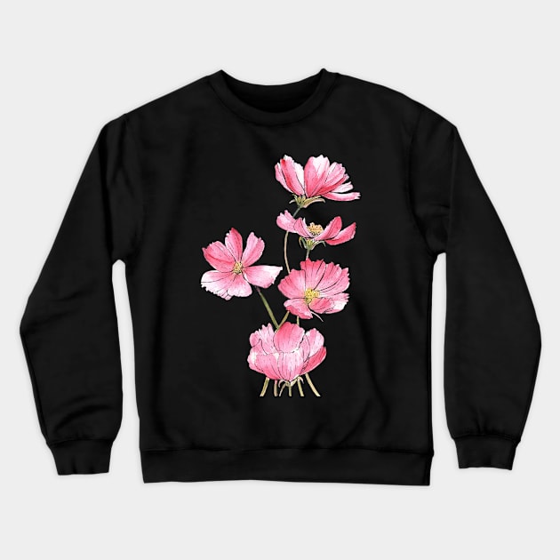 Pink Cosmos Flowers Watercolor Painting Crewneck Sweatshirt by Ratna Arts